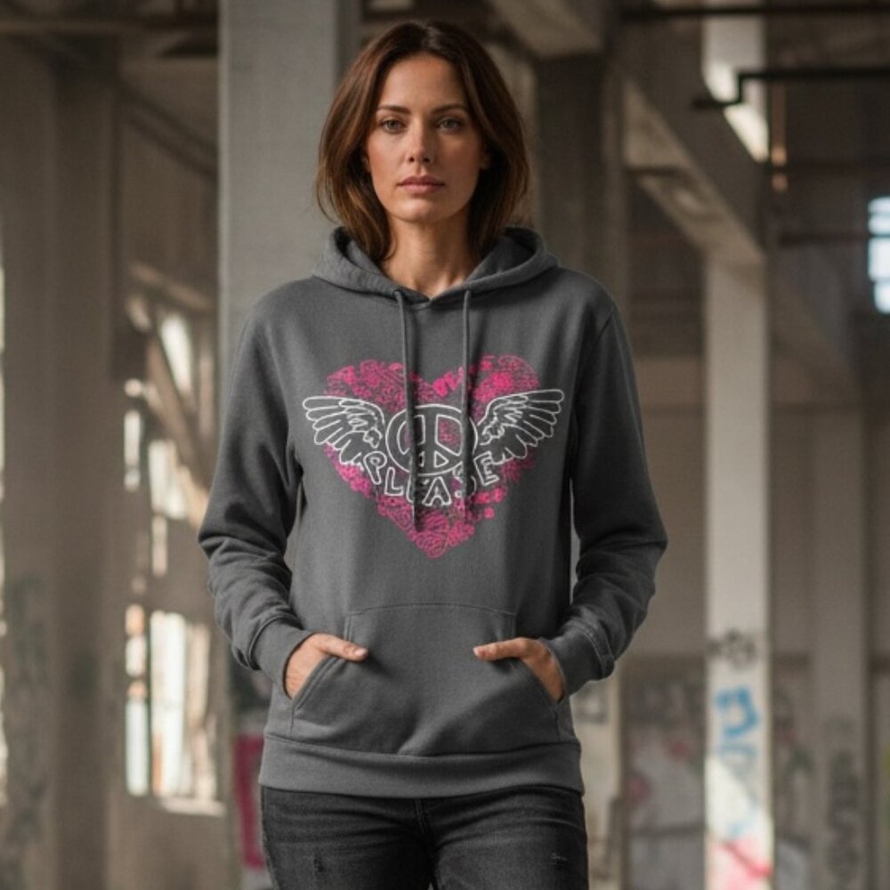 Hybrid Tees Hoodie Peace Please Heart Wings‎ Graphic M #247H